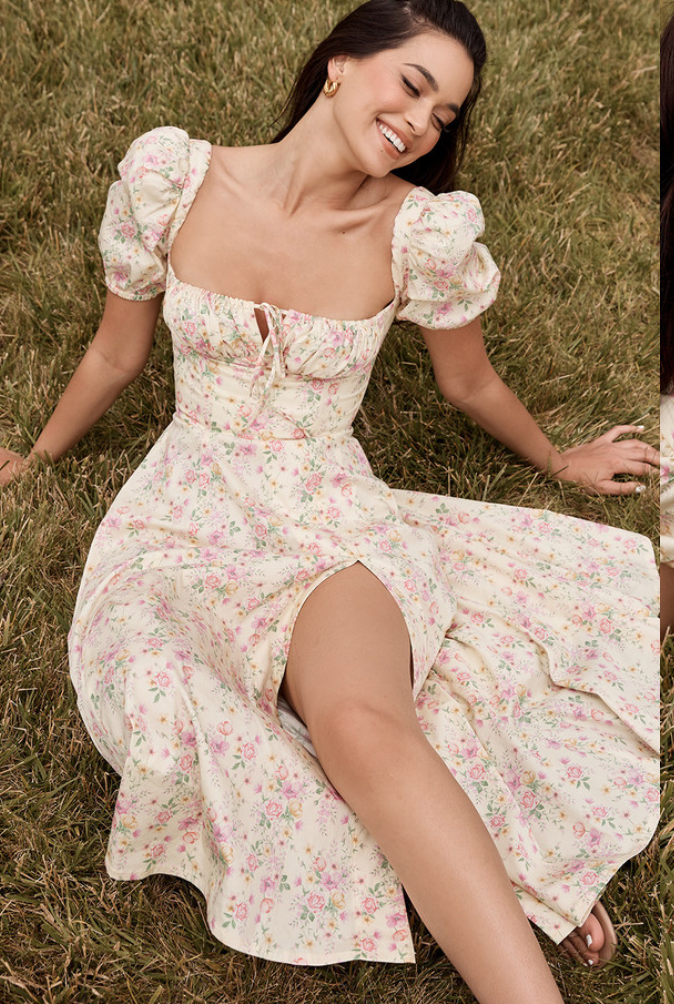 House of CB Tallulah – Lemon Floral Puff Sleeve Midi Sundress